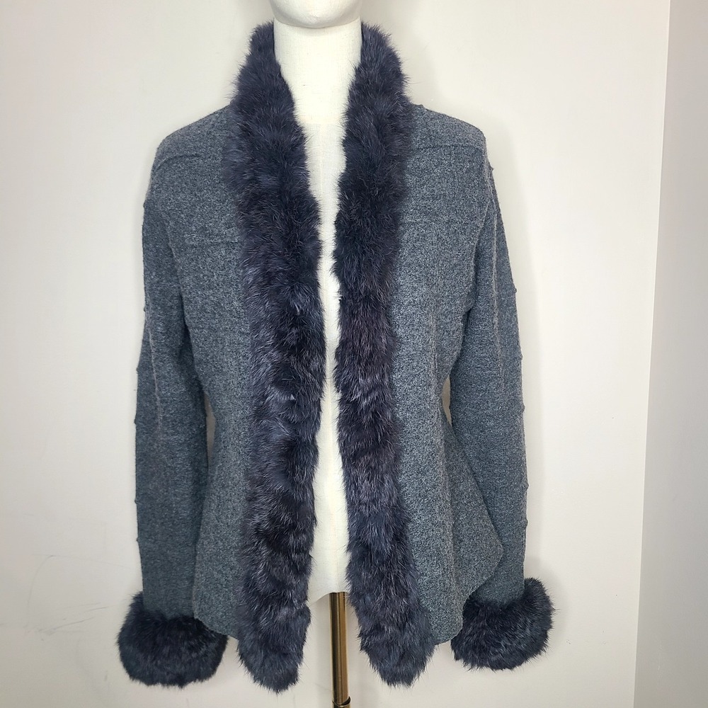 Lafayette 148 NY Small Gray 100% Wool‎ Rabbit Fur Collar Cuffs Cardigan Coquette - Picture 2 of 7